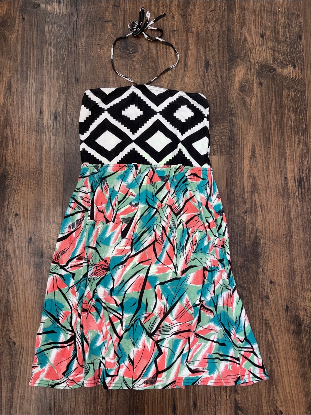 Hurley Black & White Aztec Halter Dress with Coral and Teal Skirt